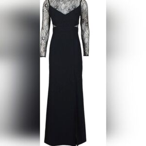 Aidan Mattox Maxi Long Sleeves Lace Bodice Evening Dress w/Slit Size 4 Black NWT